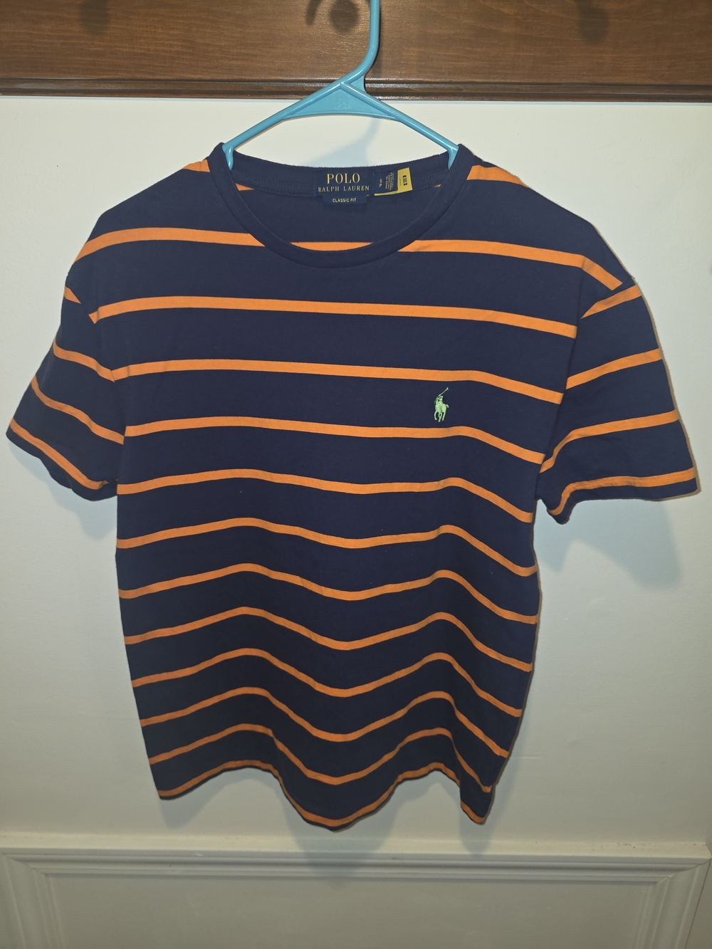 Ralph Lauren Navy Tee with Orange Stripes and Lime Pony